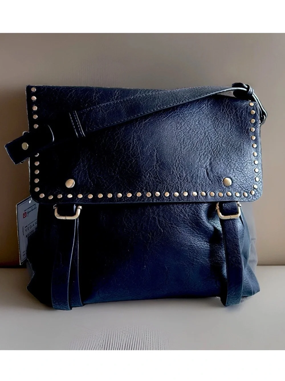 Jen & Co Indigo Convertible Backpack Purse Flap Over Front Metal Studs Black 12”